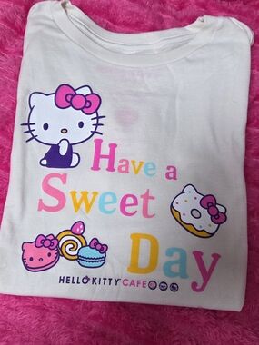 NEW!  Hello Kitty Cafe White Tee with Pink, Yellow, Blue and Purple Cafe Print